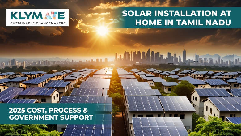 Solar panel installation on residential rooftops in Tamil Nadu during sunset, representing sustainable home energy solutions by KLYMATE